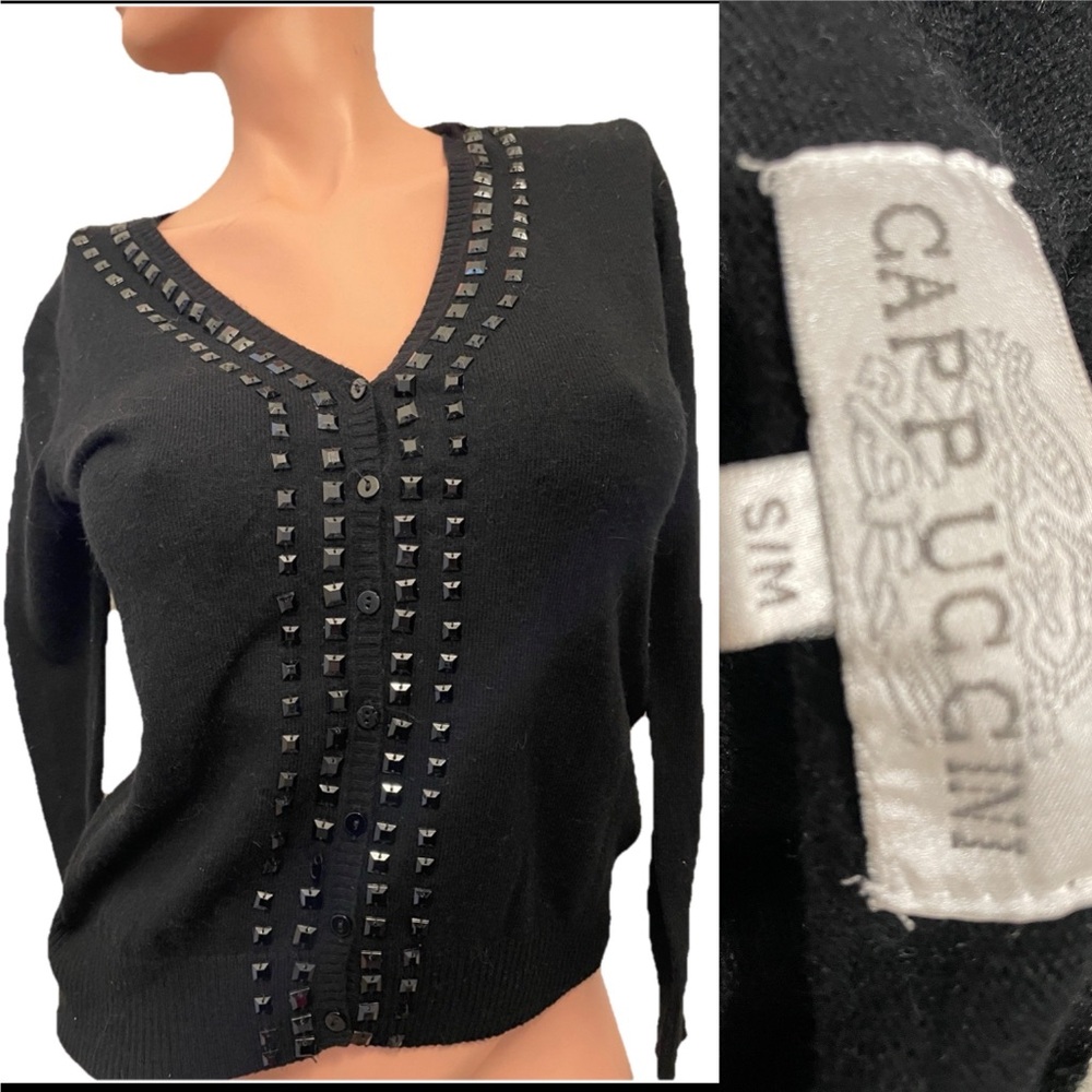 CAPPUCCINI Black CASHMERE and ANGORA Beaded CARDIGAN SWEATER Size S/M